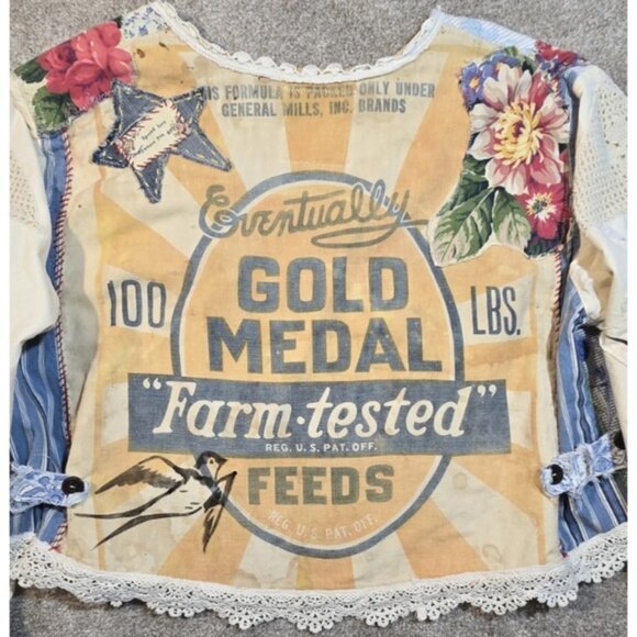 OOAK Magnolia Boho Indie Jacket Upcycle VTG Flour Sack Oversized Short L - XL - Picture 4 of 16